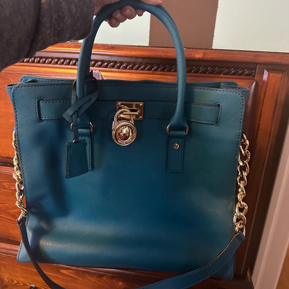 Michael Kors Blue and Gold Satchel with Structured Design- New without tags